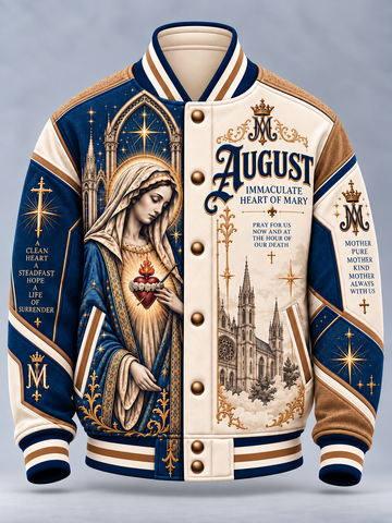 A varsity-style bomber jacket with a detailed religious print of the Immaculate Heart of Mary. The jacket features navy blue and cream panels with gold accents, including stars, arches, and text reading 'August Immaculate Heart of Mary' and 'Mother Purest Mother Kind Mother Always With Us.