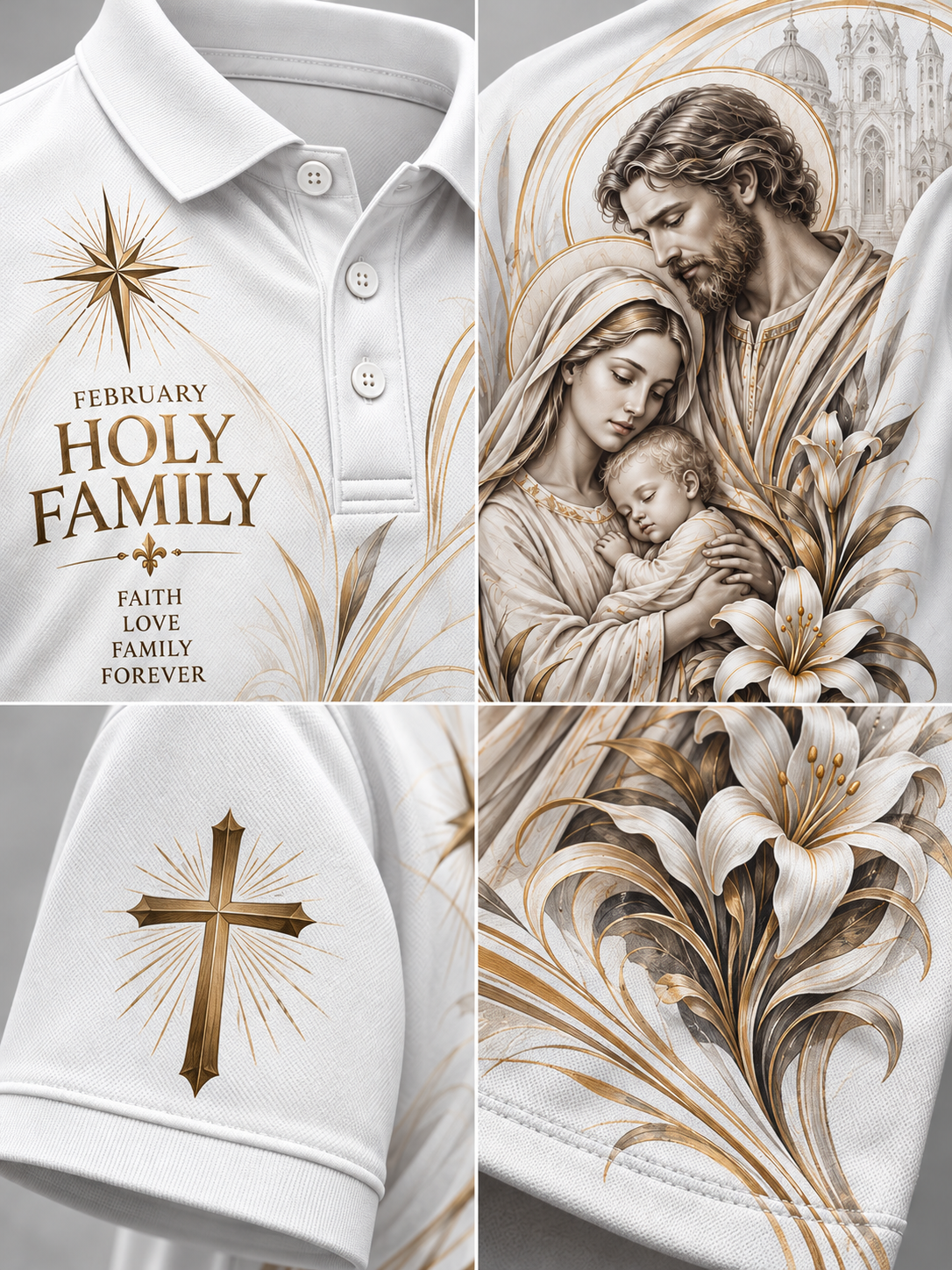 White polo shirt shown in a four-panel detail collage, featuring a large 'Holy Family' graphic with a gold cross, floral lily artwork, and religious illustration on the front and sleeves.