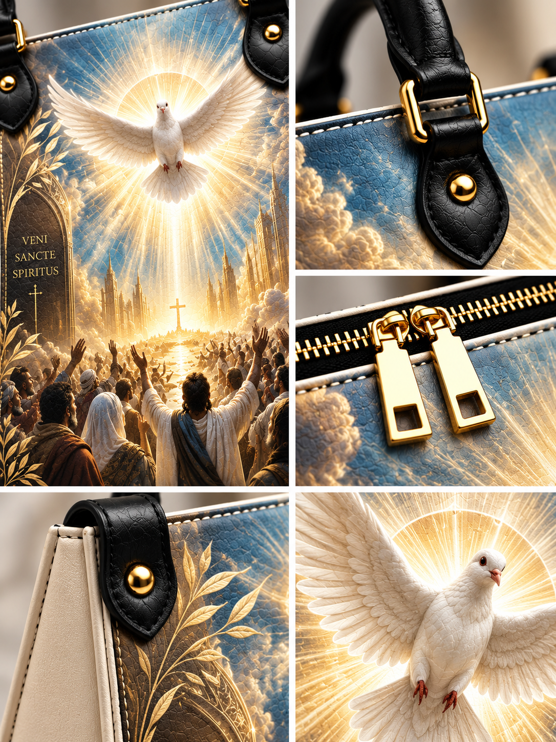 A collage showing a structured handbag from multiple angles. The bag has a blue and gold religious illustration featuring a white dove, clouds, and a cross, with black leather handles and gold-tone hardware.