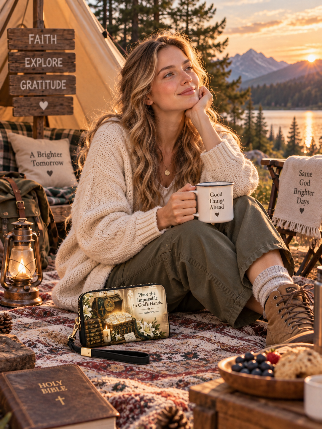 A zip-around wallet with a wrist strap, featuring a printed graphic of an open ornate chest filled with Bible verses, candles, flowers, and books, alongside the text 'Place the Impossible in God's Hands.' and a Bible verse from Psalm 34:14.
