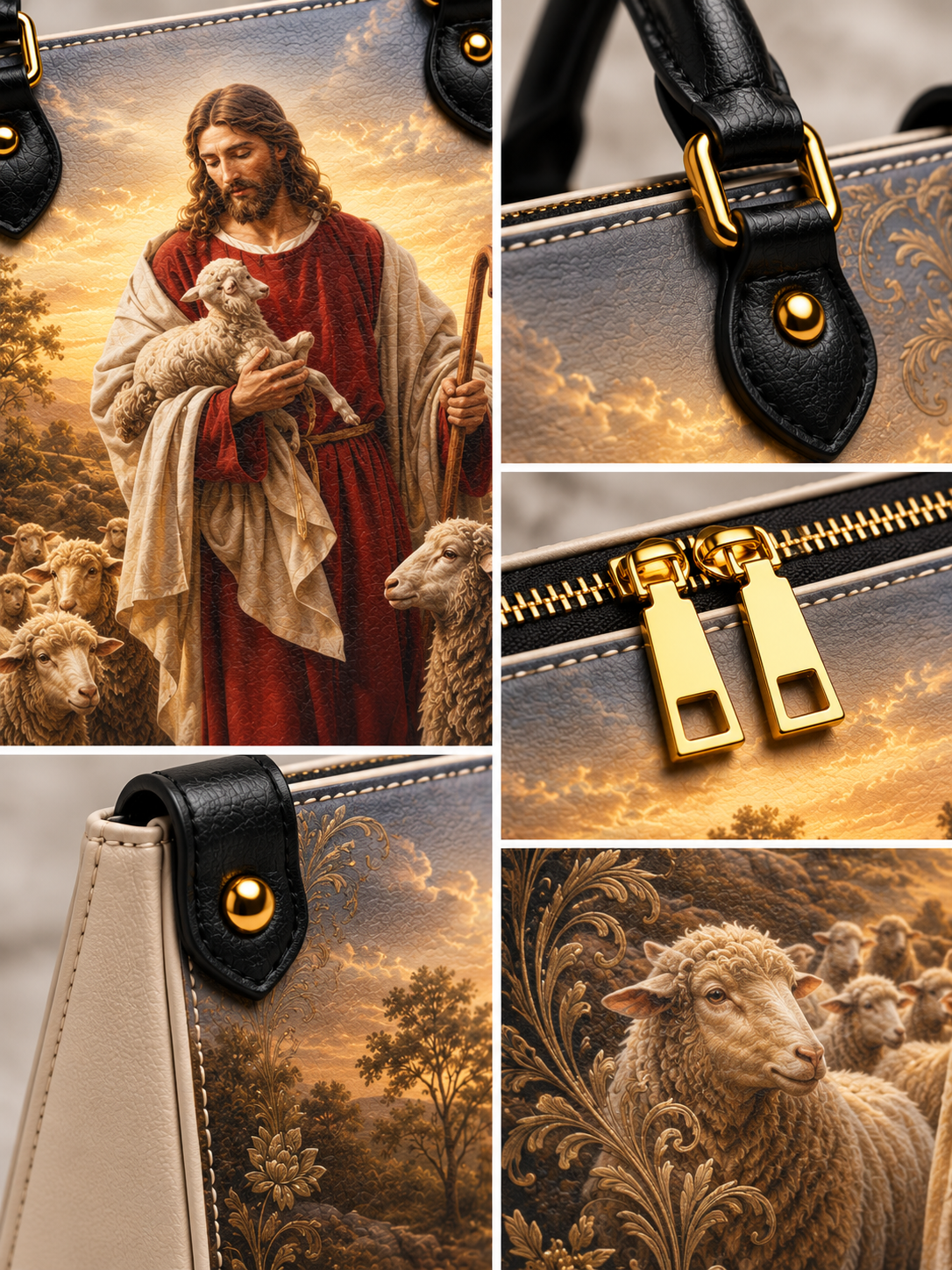 A collage showing a handbag from multiple angles, featuring a printed religious scene with Jesus holding a sheep, gold-tone zipper pulls, black leather trim with gold hardware, and close-up details of the patterned surface.