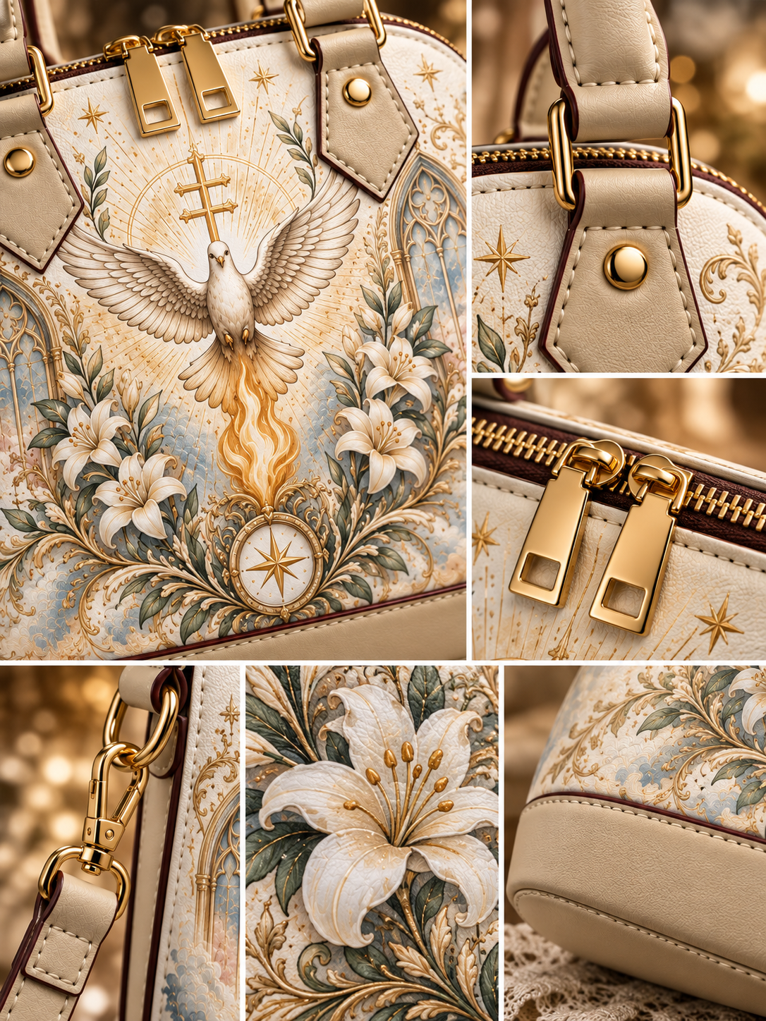 A beige handbag shown in a collage of close-up panels, featuring ornate religious artwork with a dove, cross, lilies, and gold-tone hardware. The product fills most of the frame against a softly blurred warm background.