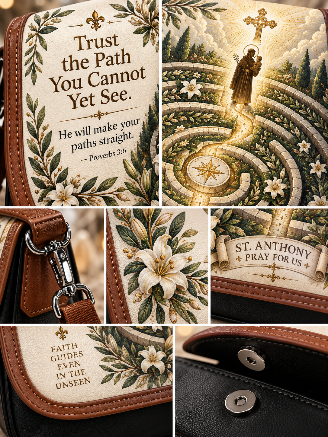 Collage of close-up views showing a brown leather and black fabric religious bag or pouch with printed scripture and floral/monastery artwork. Visible text includes 'Trust the Path You Cannot Yet See,' 'ST.