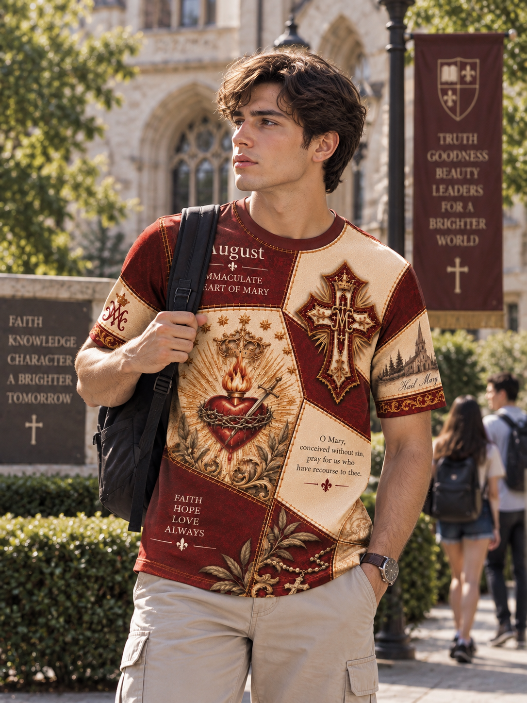 A young man wearing a short-sleeve graphic t-shirt with a religious design featuring a crown of thorns, a cross, and religious text, standing outdoors on a campus walkway.