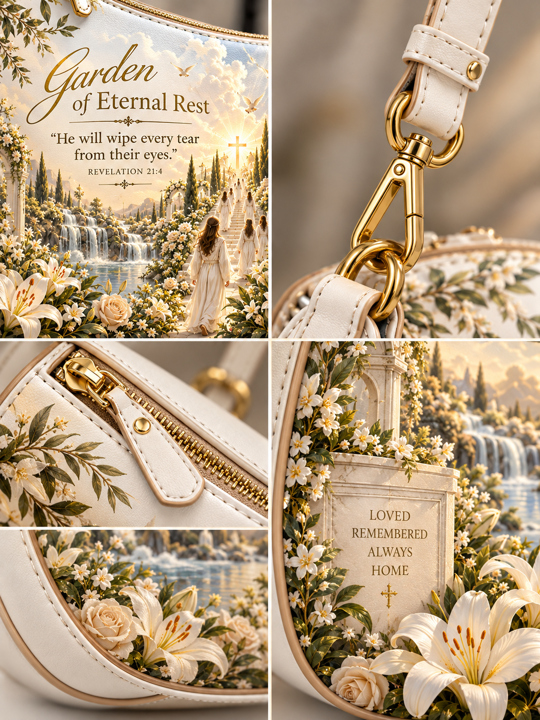 A collage showing a cream-colored handbag with a detailed religious print. The print features a garden path leading to a cross, waterfalls, white lilies, roses, and a tombstone with the words 'LOVED REMEMBERED ALWAYS HOME'.