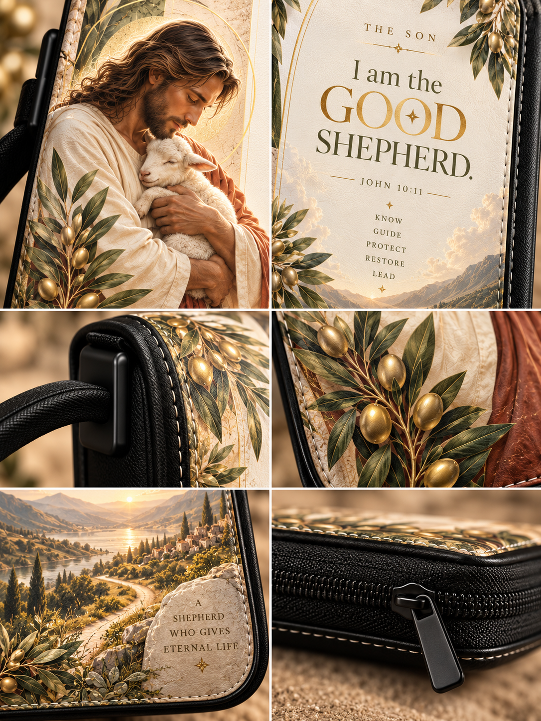 A collage showing a black zippered pouch or case with a printed religious design. The artwork features Jesus holding a white lamb, olive branches with gold olives, a scenic landscape, and the text 'I am the GOOD SHEEPHER.