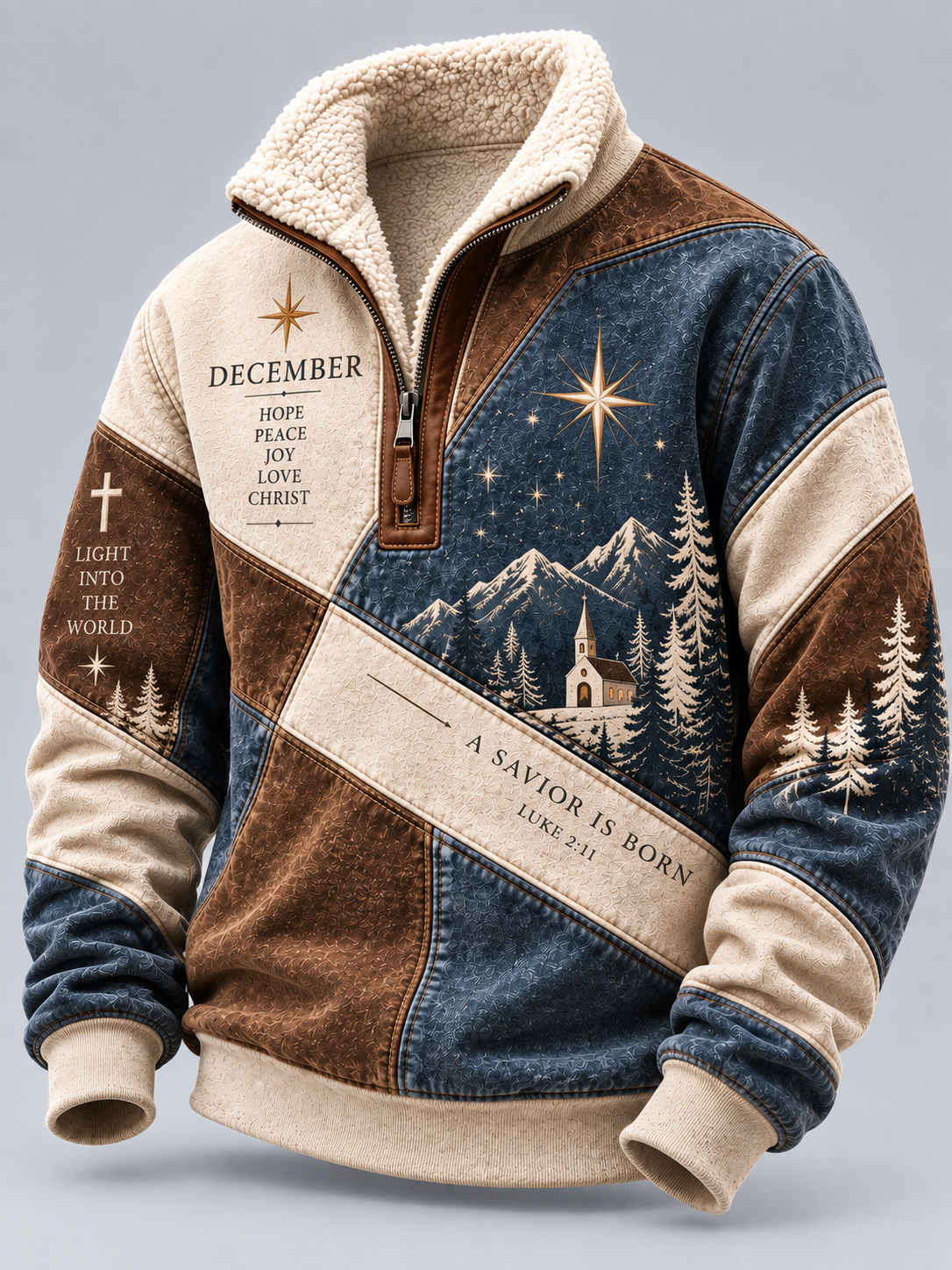 A quarter-zip fleece pullover jacket with a multi-panel design in brown, blue, and beige. The front features a scenic print of mountains, pine trees, and a church, with inspirational text including 'DECEMBER' and 'A SAVIOR IS BORN'.