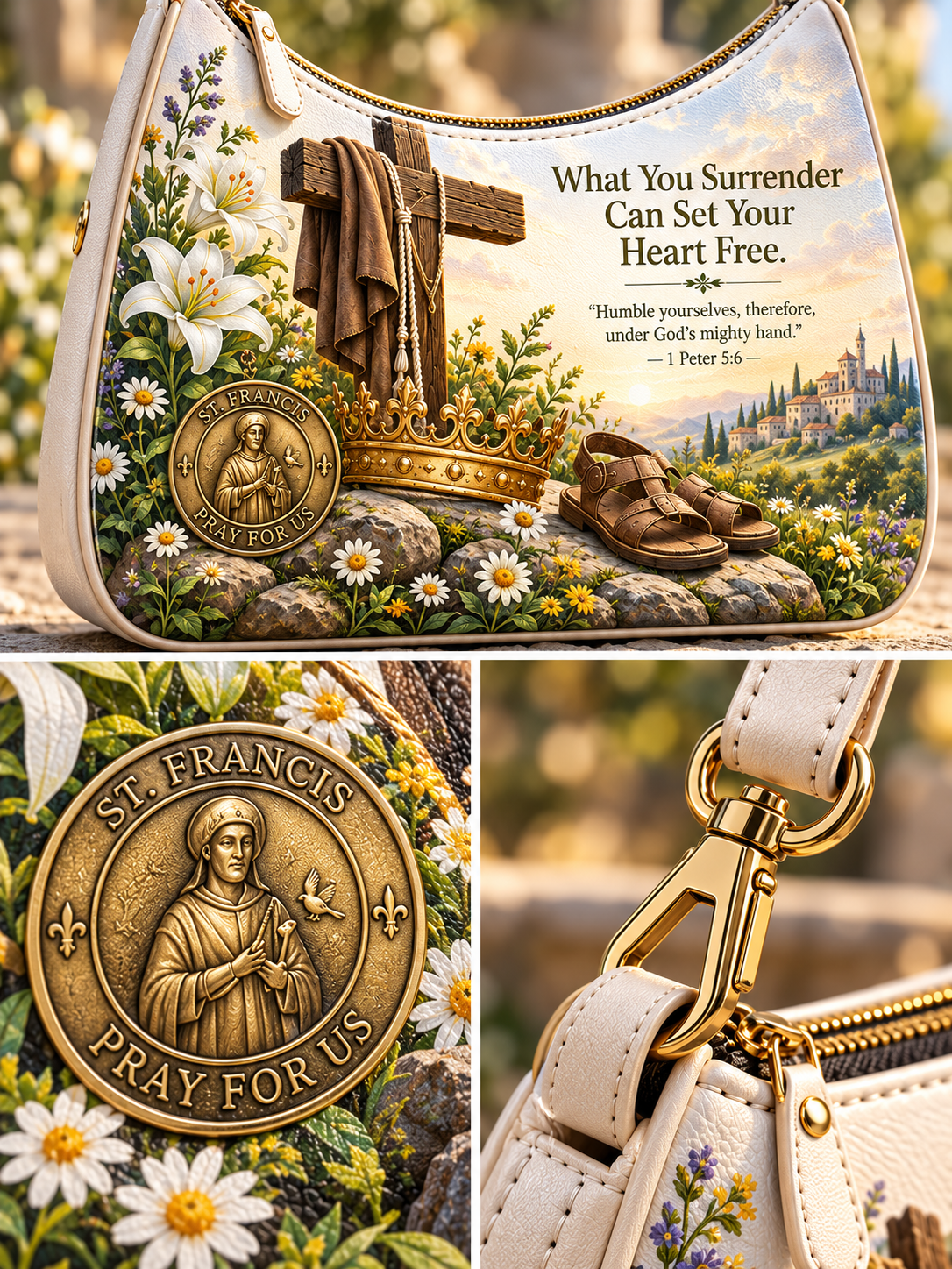 A cream-colored shoulder bag with a detailed religious graphic print featuring a wooden cross, a gold crown, a bronze St. Francis medallion, white lilies, and a scenic landscape.