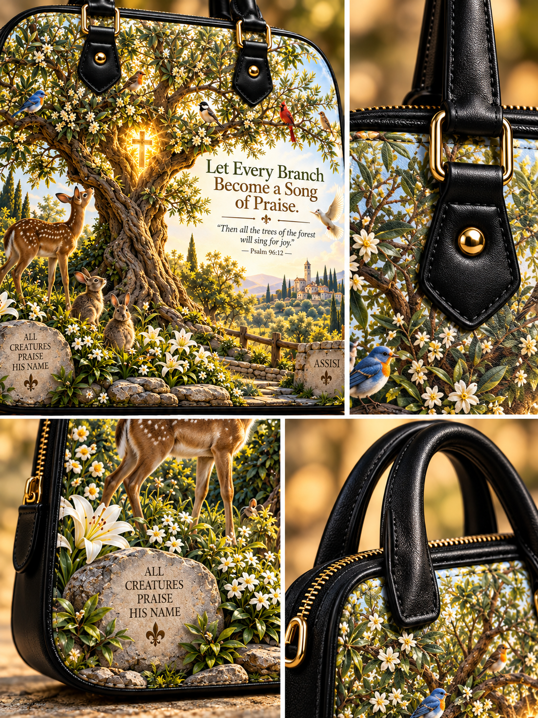 A structured handbag shown in a three-panel collage, featuring a detailed nature print with a large tree, deer, flowers, birds, and a Bible verse. The bag has black faux-leather handles and trim with gold-tone hardware.