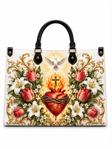 A white structured handbag with black double top handles and gold-tone hardware, featuring a large central religious illustration of a red sacred heart with flames, a dove, and white lilies surrounded by pink tulips and gold scrollwork.