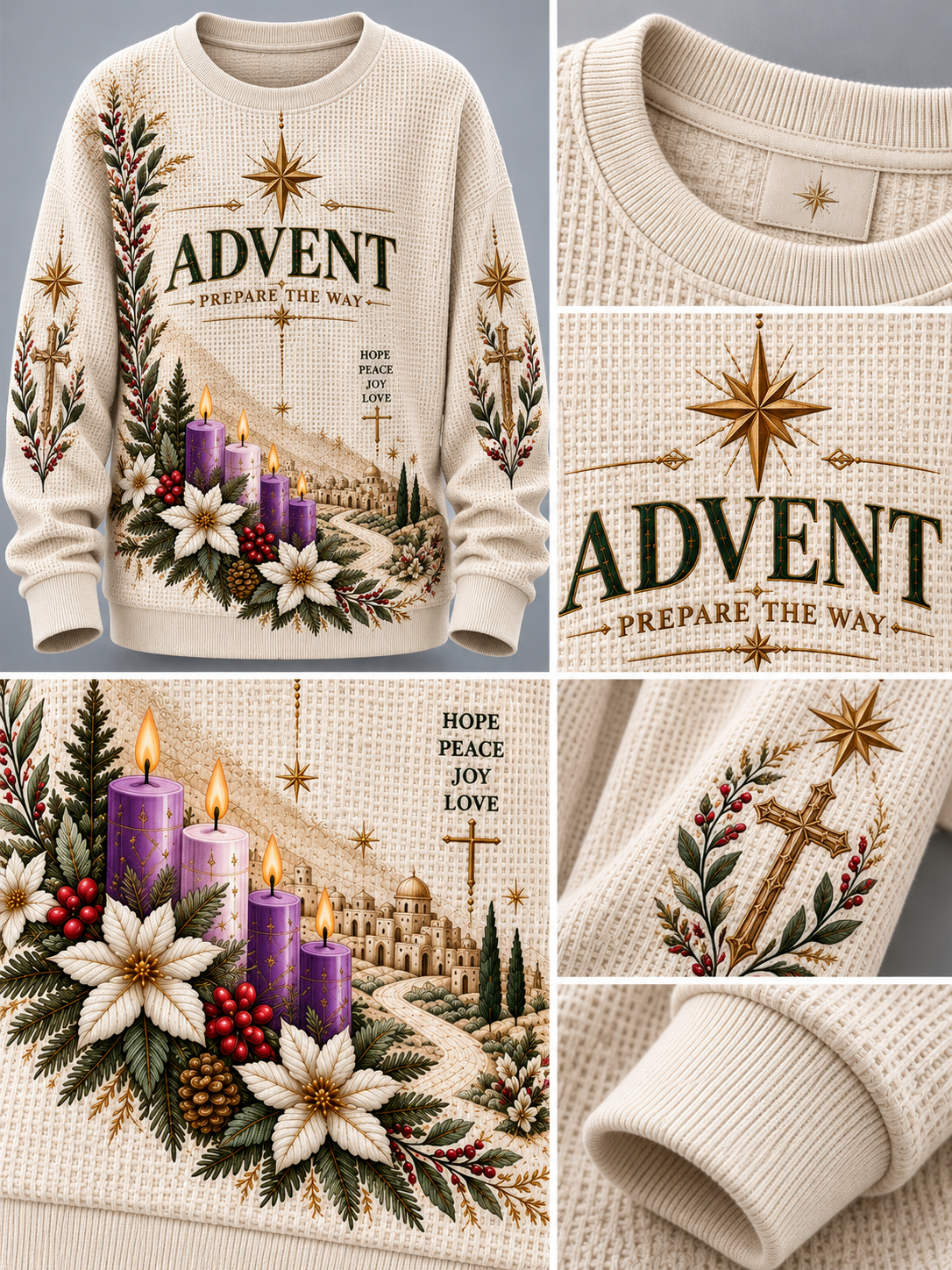 A collage showing a cream waffle-knit crewneck sweatshirt from multiple angles. The front view features a detailed Christmas Advent design with purple candles, white flowers, pinecones, evergreen branches, a gold star, and the word 'ADVENT' in dark green lettering.