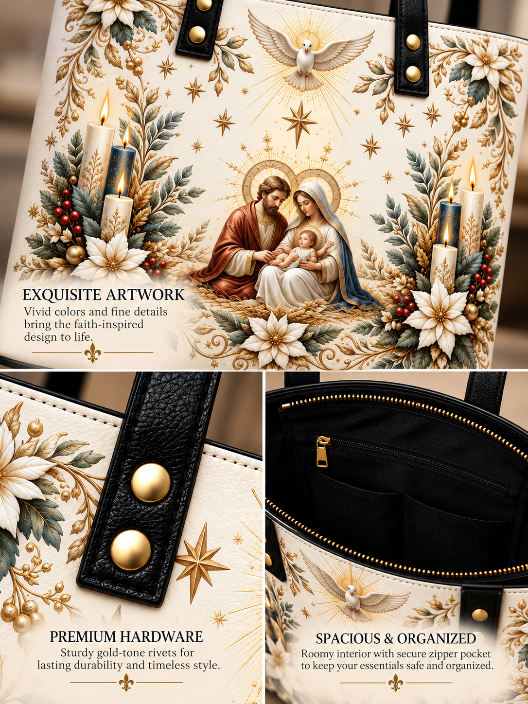 Three-panel product showcase of a tote bag with an ornate religious illustration featuring Mary, Joseph, baby Jesus, candles, stars, and floral motifs. Text callouts highlight exquisite artwork, premium hardware, and spacious interior.