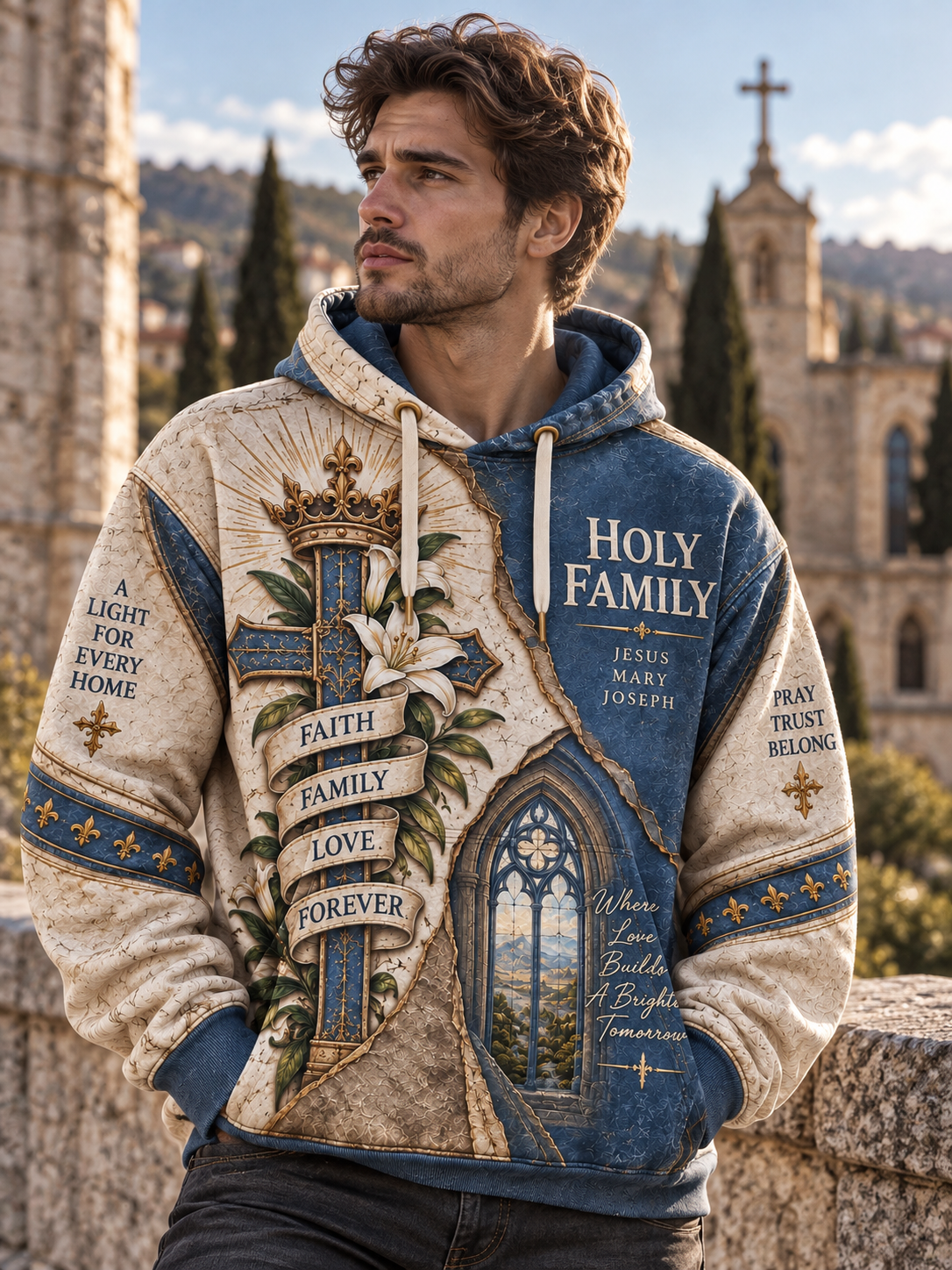 A pullover hoodie with a distressed, vintage-style religious graphic print. The design features a large blue and gold cross with a lily and the words 'FAITH FAMILY LOVE FOREVER', a blue cathedral window illustration, and text including 'HOLY FAMILY' and 'JESUS MARY JOSEPH'.