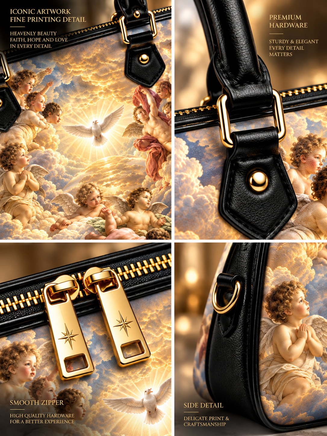 Four-panel close-up collage of a black leather handbag with gold hardware and a classical painting print featuring cherubs, clouds, and a glowing dove. Text highlights fine printing detail, premium hardware, smooth zipper, and side detail.