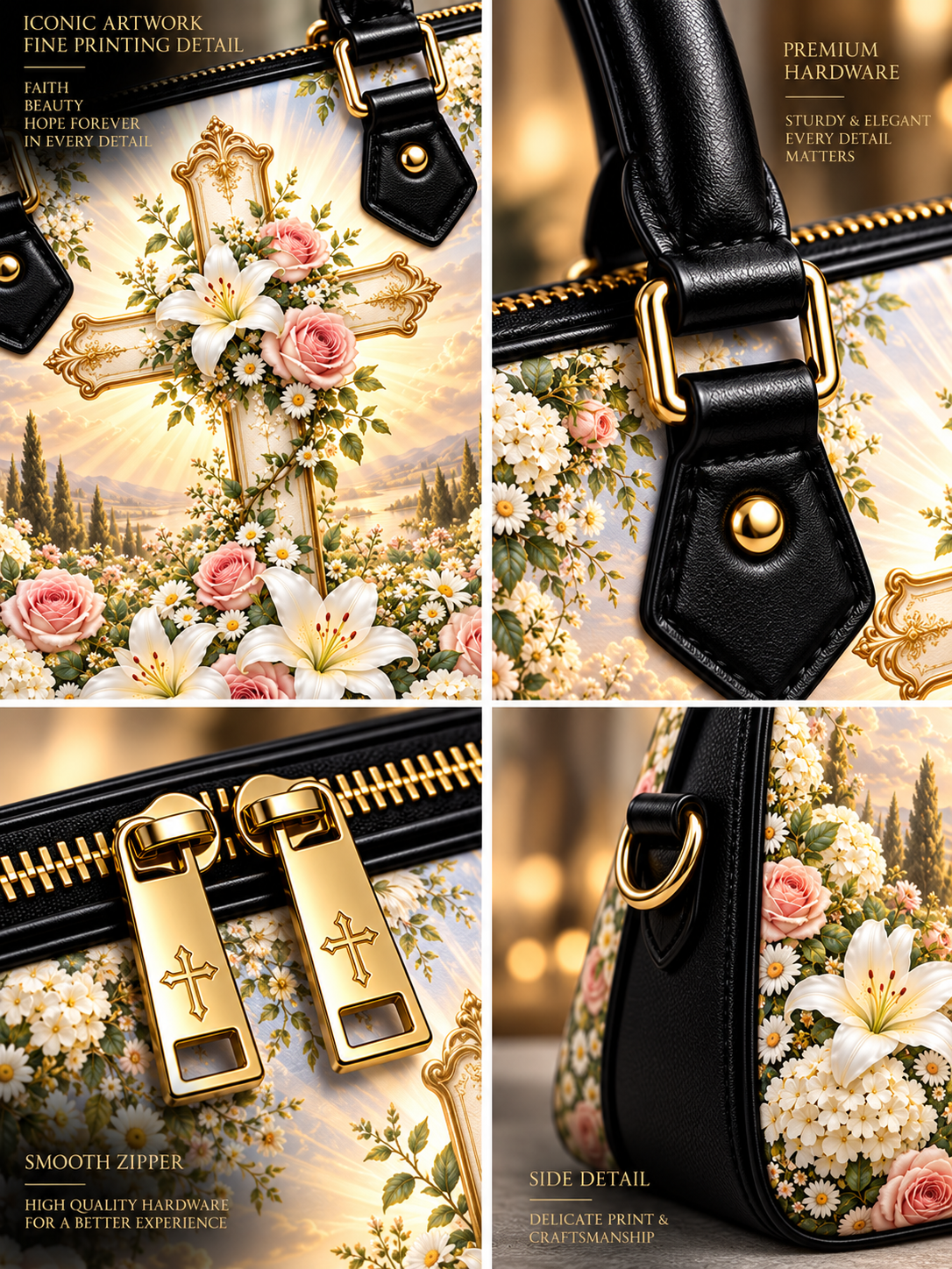A luxury handbag shown in a four-panel collage highlighting its detailed floral and cross artwork, black leather trim, gold hardware, and smooth zipper. Text overlays describe the premium hardware, smooth zipper, and side detail.