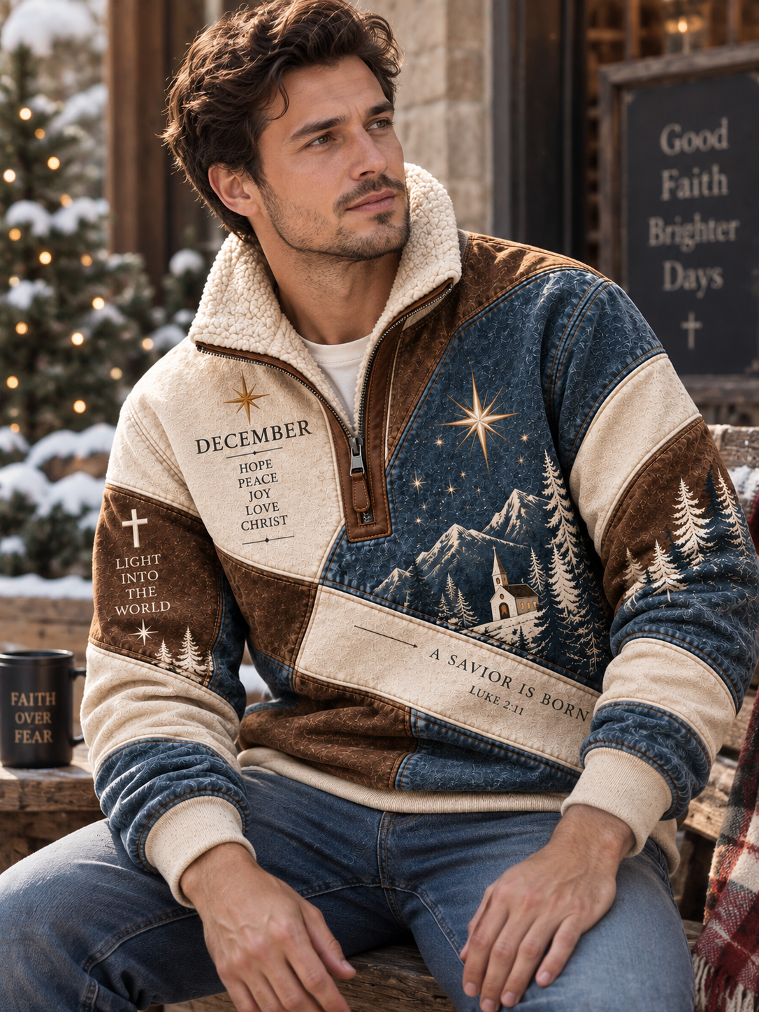 A man wearing a quarter-zip fleece pullover sweater with a winter mountain and church graphic, seated in a cozy outdoor holiday setting.