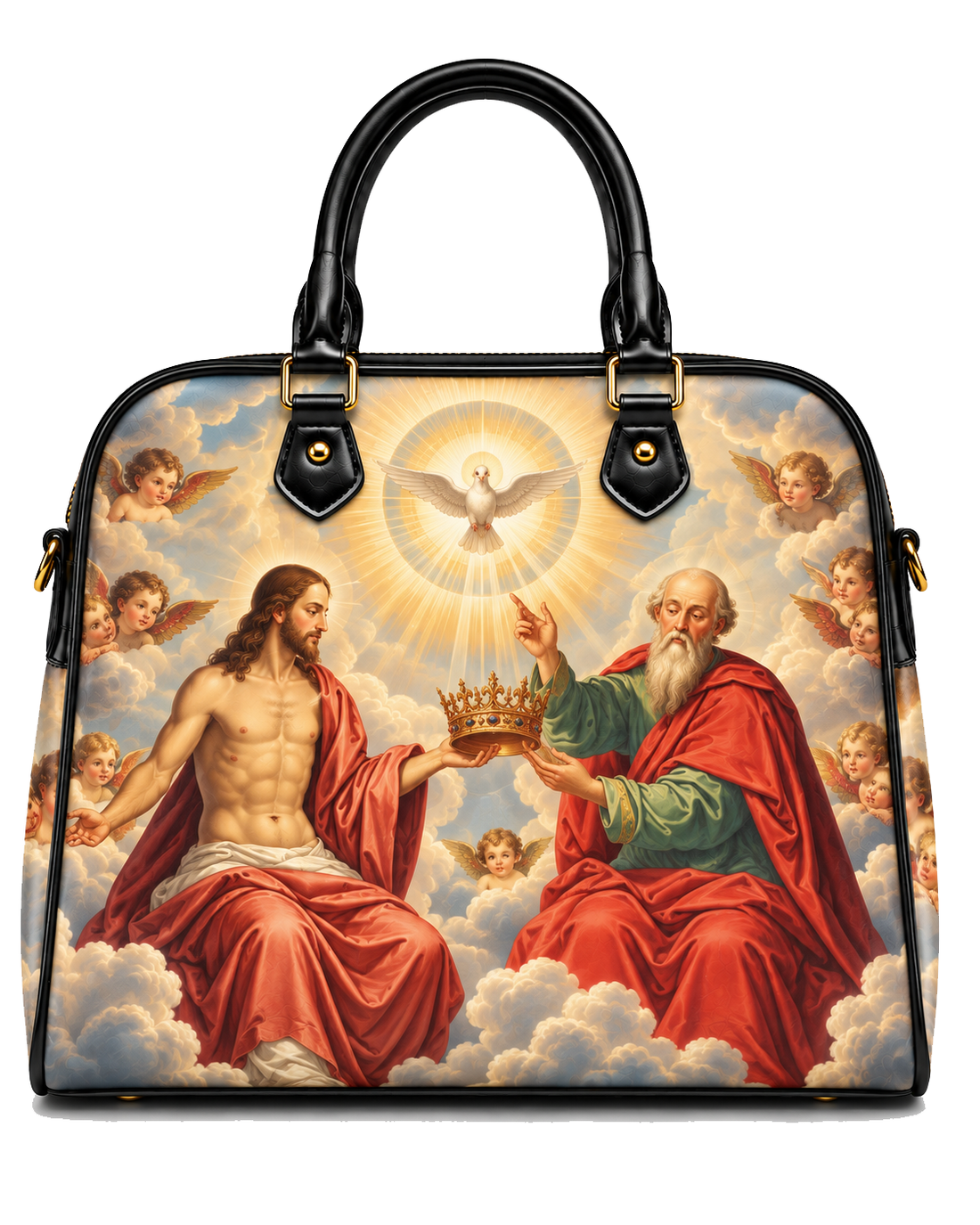 A structured black leather handbag with dual top handles, featuring a detailed religious print of Jesus and an apostle in red robes on the front, with a dove and cherubs above, shown on a plain white background.