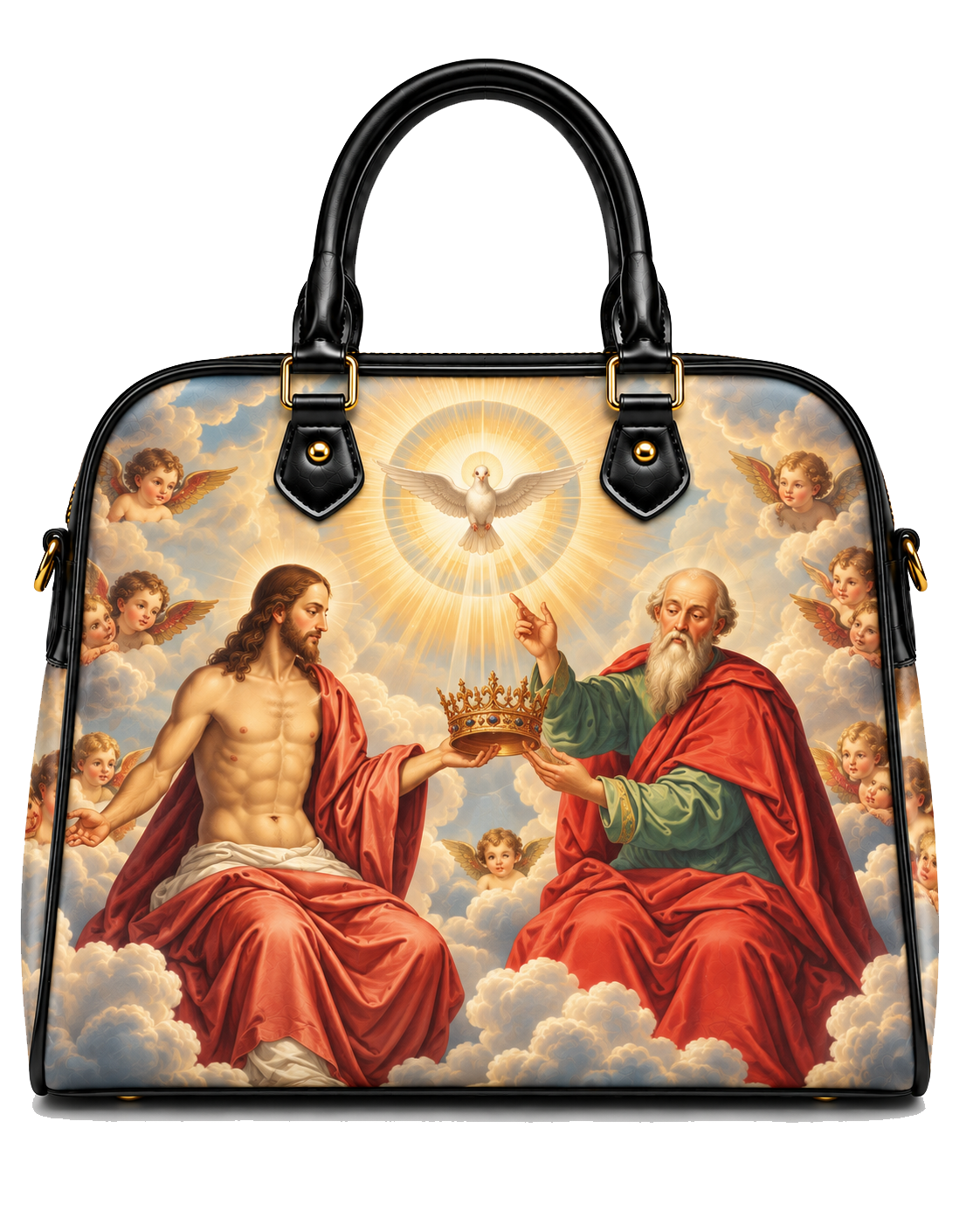 A structured black leather handbag with dual top handles, featuring a detailed religious print of Jesus and an apostle in red robes on the front, with a dove and cherubs above, shown on a plain white background.
