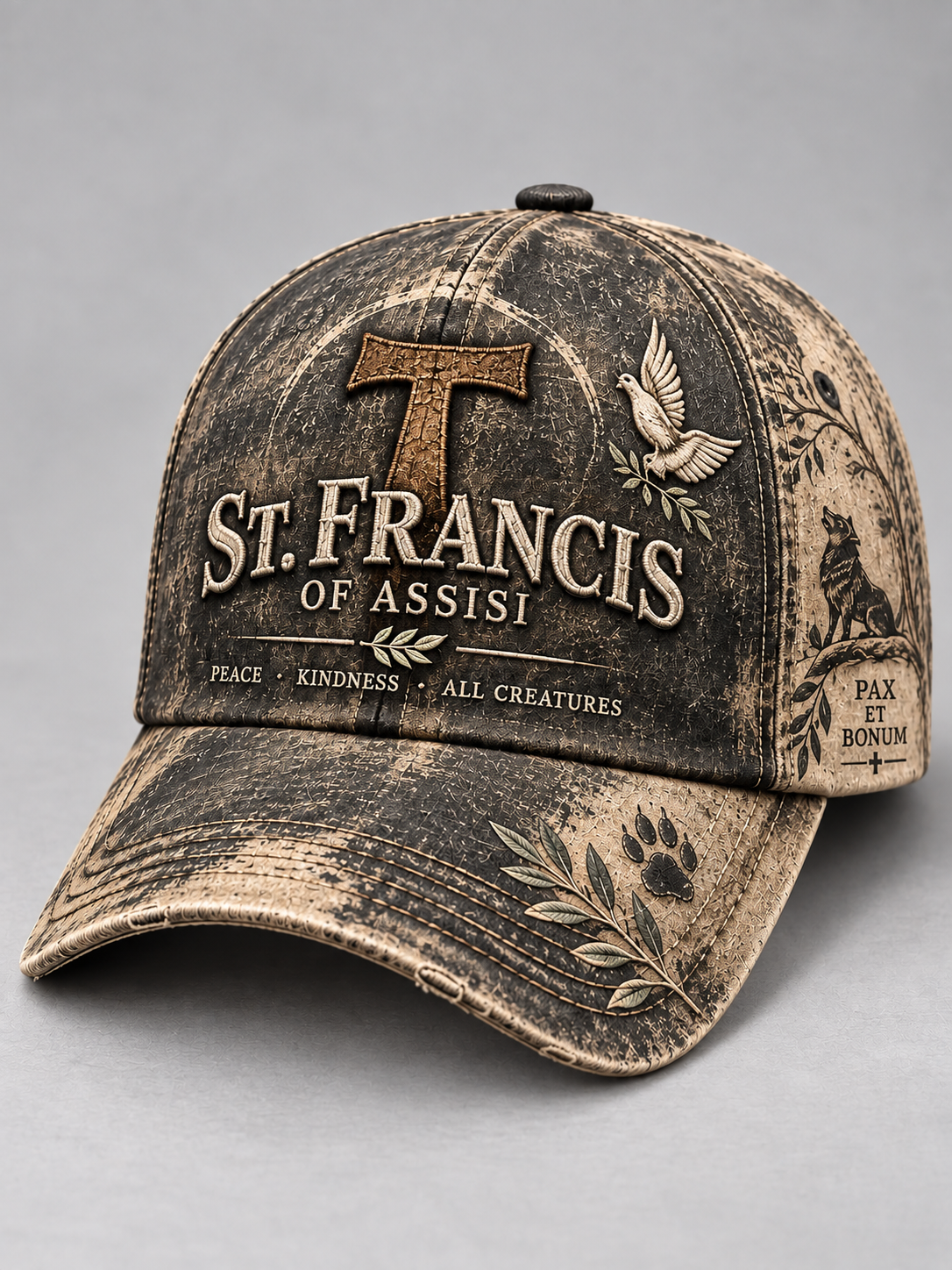 A distressed baseball cap in a washed black and tan colorway, featuring a large wooden-textured 'T' logo above 'ST. FRANCIS OF ASSISI' text, a dove, and a cat on the side.