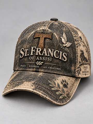 A distressed baseball cap in a washed black and tan colorway, featuring a large wooden-textured 'T' logo above 'ST. FRANCIS OF ASSISI' text, a dove, and a cat on the side.
