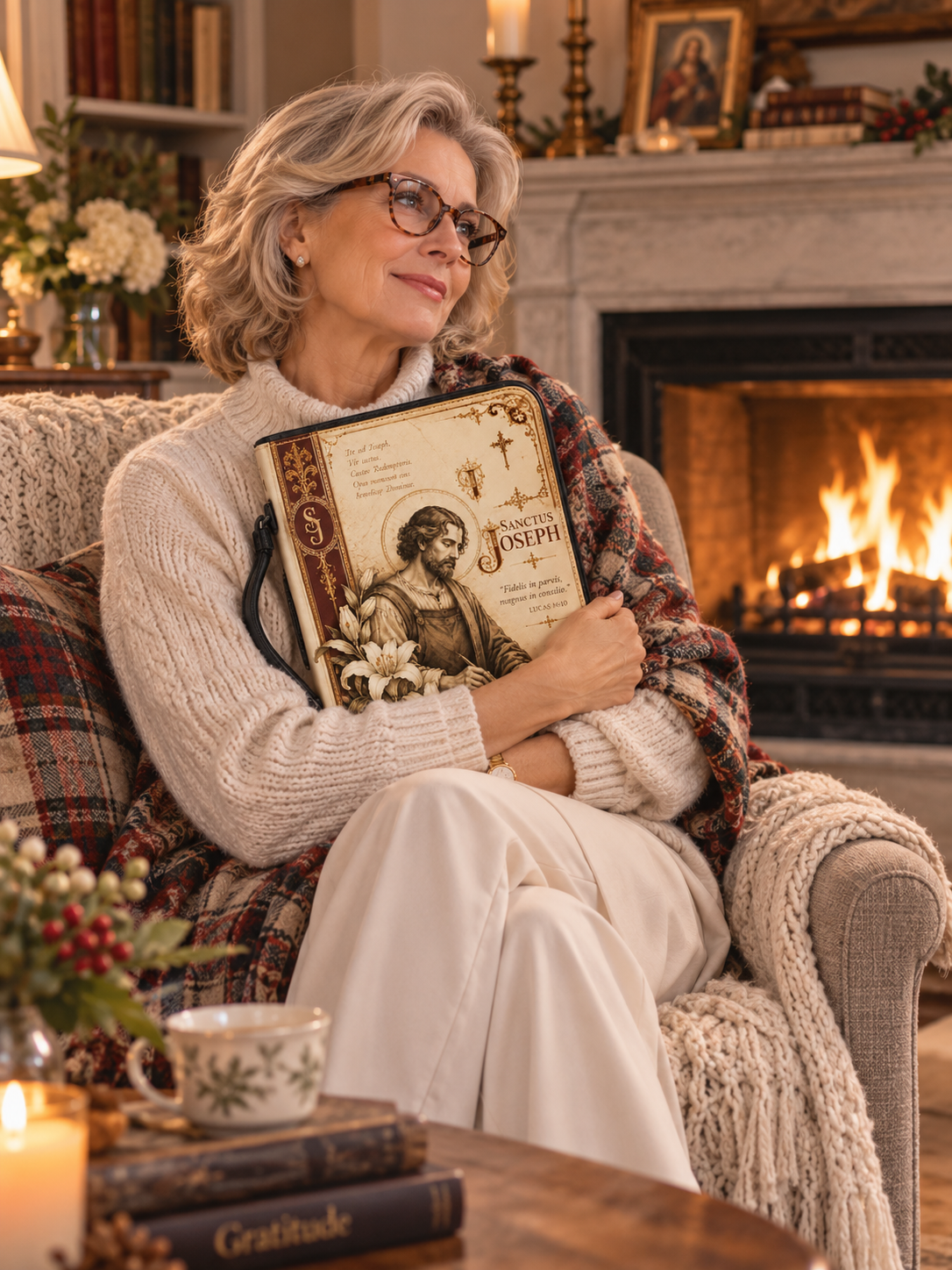 An older woman with gray hair and glasses sits in a cozy armchair by a lit fireplace, wrapped in a plaid shawl and holding a book titled 'Joseph' with a religious illustration on the cover.