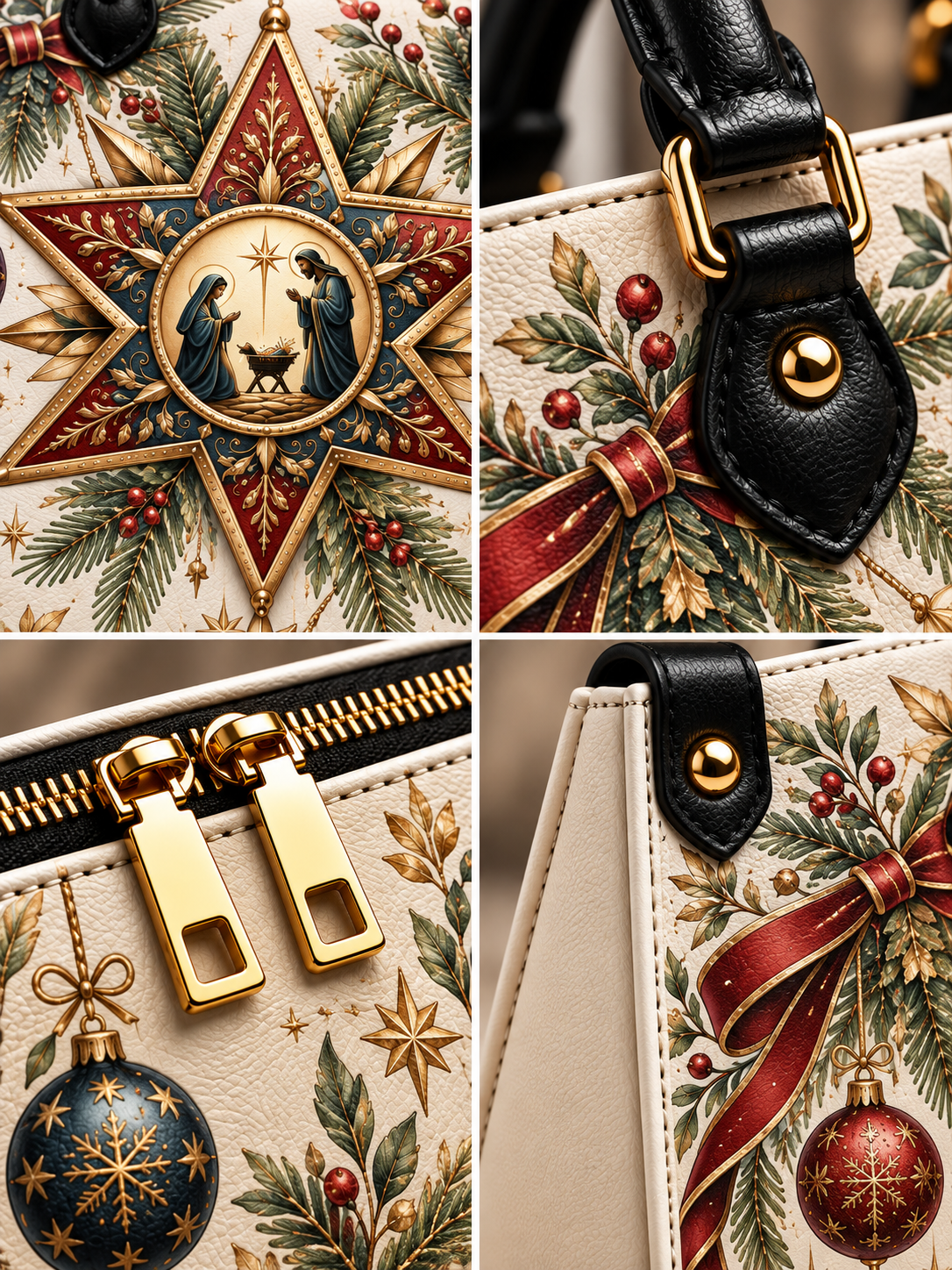 A four-panel close-up collage of a handbag featuring a detailed Christmas nativity print. The print includes a gold and red star with the Holy Family, black leather straps with gold hardware, gold zipper pulls, and a blue ornament with gold stars.