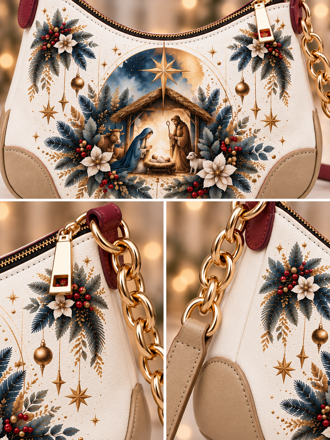 A holiday-themed handbag shown in a three-panel collage, featuring a cream-colored body with a large central nativity scene print, gold chain straps, and festive illustrations of pine branches, white flowers, red berries, and gold stars.