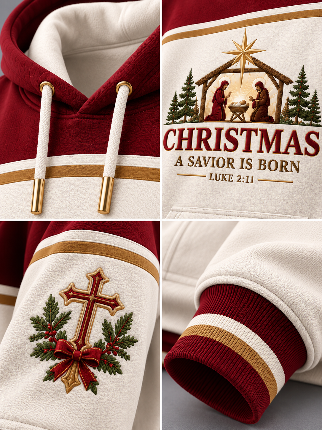 A four-panel close-up collage of a hooded sweatshirt showing the chest graphic with a nativity scene and the text 'CHRISTMAS A SAVIOR IS BORN LUKE 2:11,' the white drawstrings with gold tips, a Christmas cross patch on the sleeve with holly and red bow, and the ribbed cuff with red, white, and gold stripes.