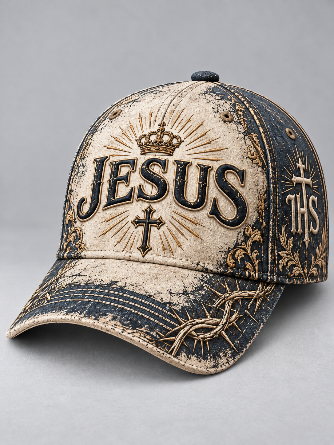A distressed baseball cap featuring 'JESUS' in large black letters with a crown and cross on the front, and 'TBS' with ornate detailing on the side. The cap has a weathered cream and dark navy blue color scheme with a grunge, cracked texture.