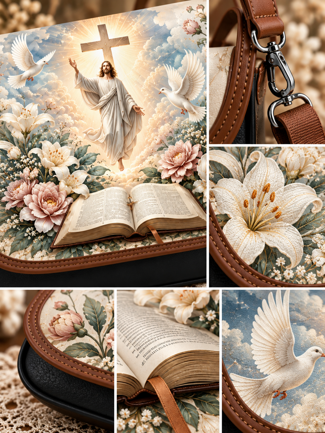 A collage showing a brown leather shoulder bag with a detailed religious floral print featuring Jesus, doves, an open Bible, lilies, and clouds. Close-up panels highlight the brown leather strap, metal clasp, floral pattern, lily detail, and part of the printed cover.