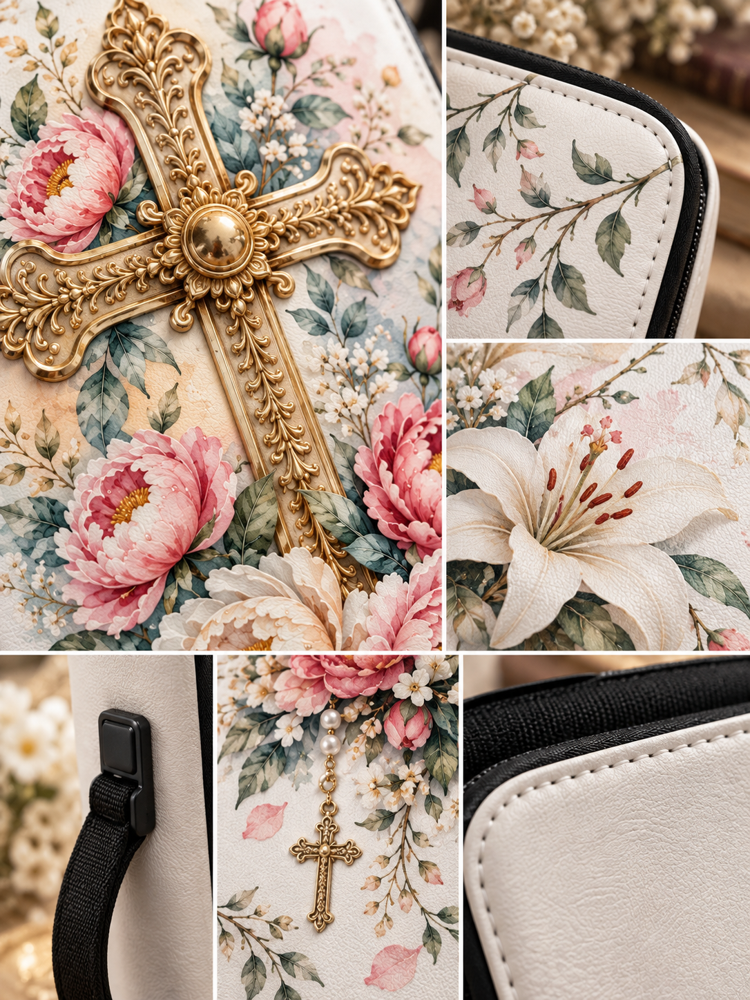 A collage of close-up views showing a cream-colored crossbody bag with a floral print, featuring pink flowers, green leaves, and a large ornate gold cross on the front. The collage also shows details of the bag's texture, a black zipper, a black strap, and a small hanging cross charm.