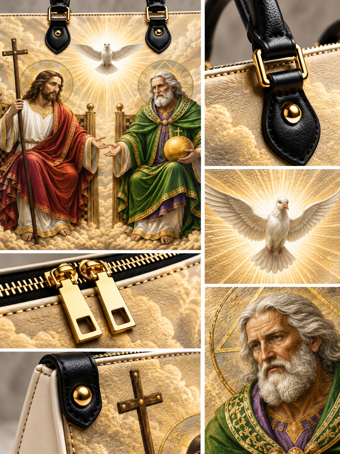 A collage of close-up product details for a handbag or pouch featuring a religious illustration with Jesus, an olive branch, a dove of spirit, and gold-tone hardware on a beige cloud-textured surface with black leather trim.