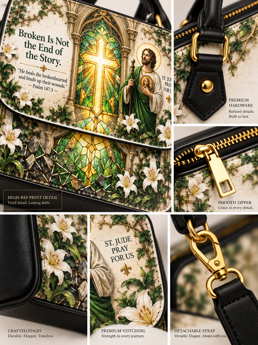 A collage showing a St. Jude Christian-themed crossbody bag from multiple angles.