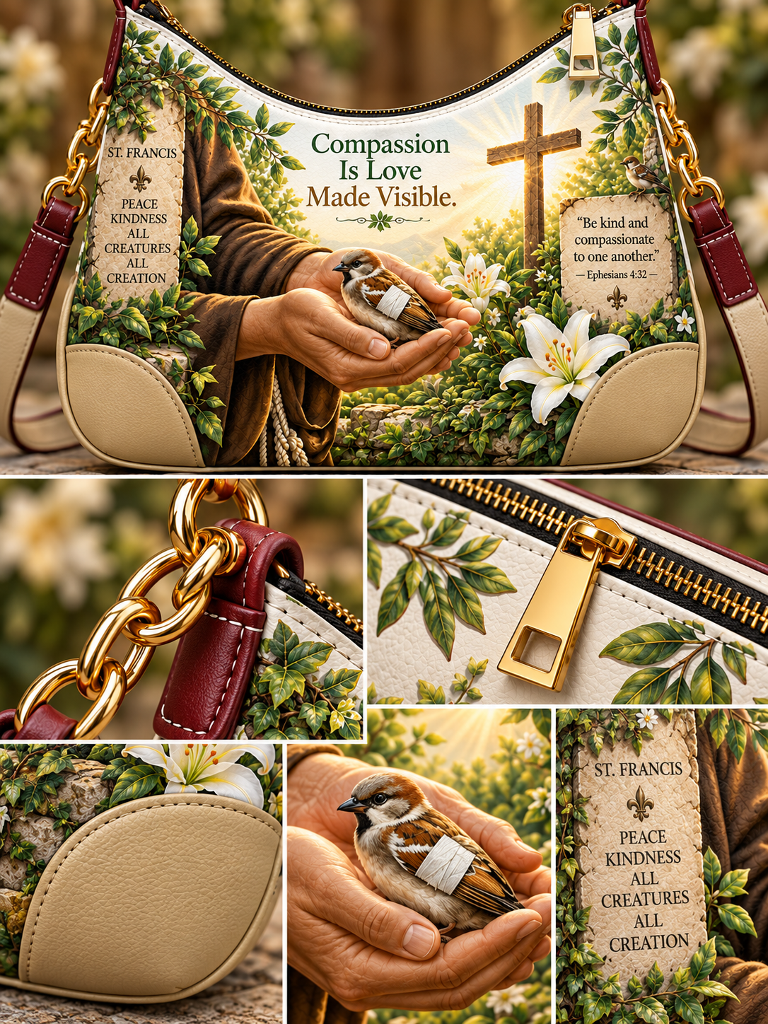 A collage showing a shoulder bag with a detailed religious print. The main view shows the bag with a cream and tan base, gold chain straps, and a printed design featuring St.