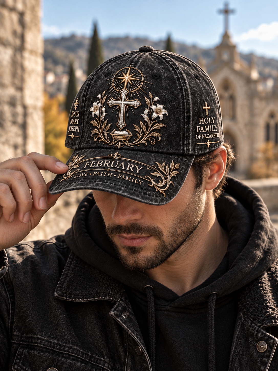 A man wearing a black washed baseball cap with ornate gold embroidery featuring a cross, floral details, and the text 'February' and 'Holy Family of America', photographed outdoors with a blurred stone building and hills in the background.