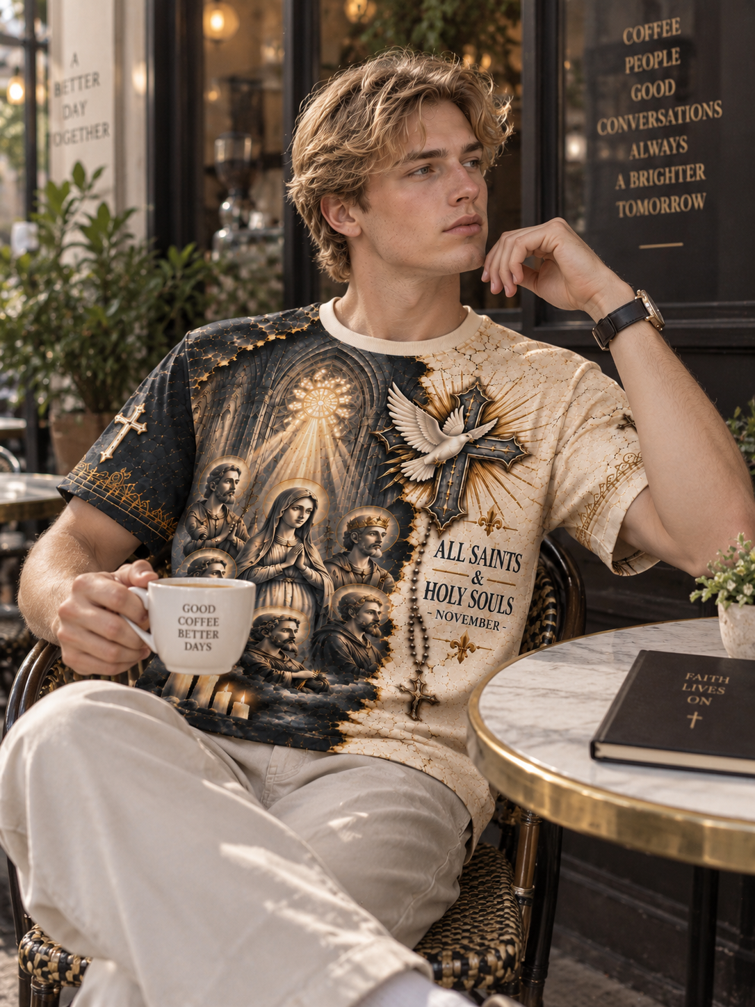 A man sits at a cafe table wearing a graphic t-shirt with a split design: one side shows a dark religious illustration with a dove and the text 'ALL SAINTS HOLY SOULS', and the other side has a beige distressed background with 'ALL SAINTS HOLY SOULS NOVEMBER'. He holds a coffee mug in front of a storefront.