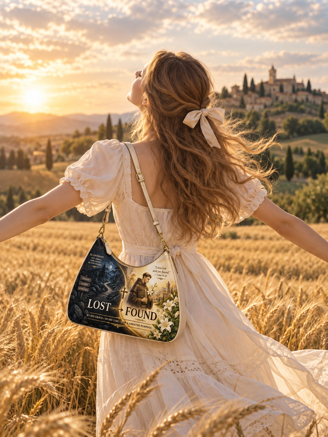 A woman in a cream dress stands in a golden wheat field at sunset, carrying a shoulder bag with a printed 'Lost: The Lost Hour' movie poster design. A hilltop village is visible in the background.