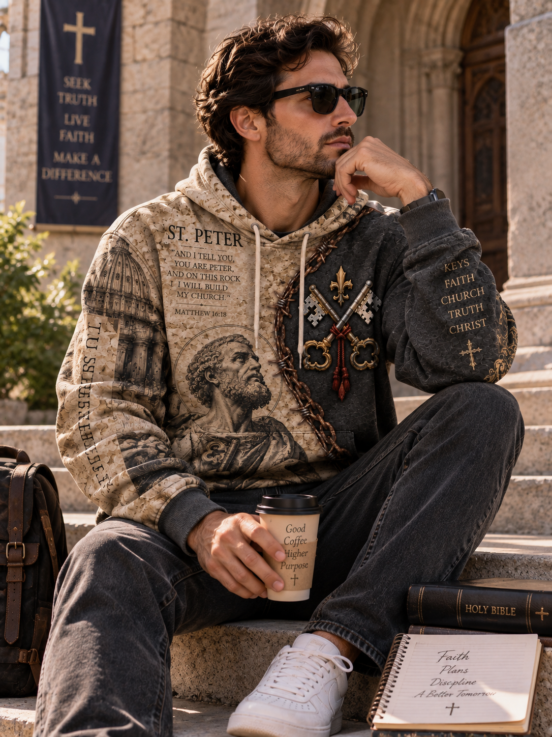 A man wearing a hooded sweatshirt with religious graphics and text sits on stone steps outdoors. The hoodie has a distressed beige and dark gray design with a saint illustration, cross keys, and gold cross details.