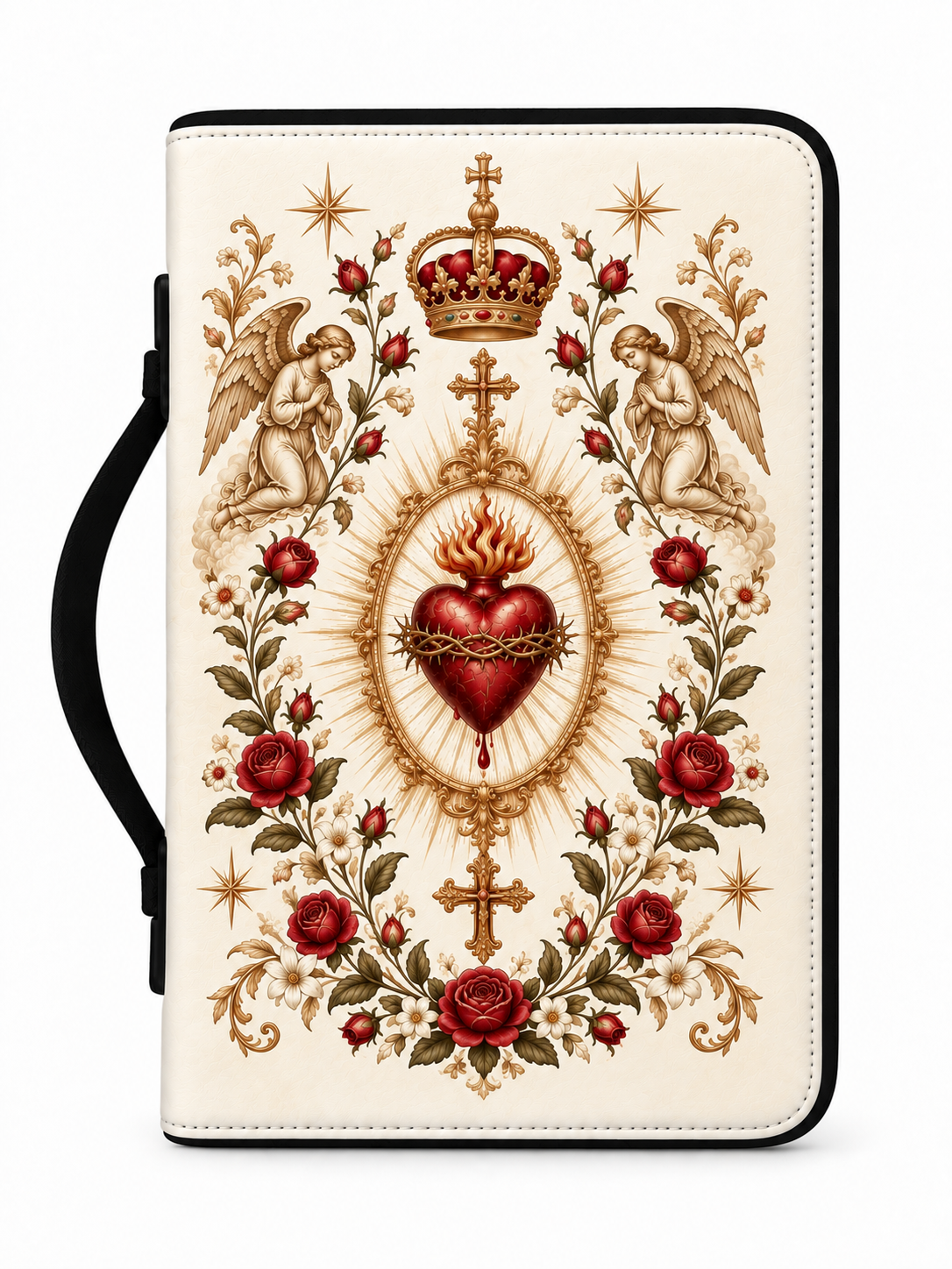 A folio-style phone case with a black handle, featuring a detailed Sacred Heart design in red, gold, and brown on an off-white background.