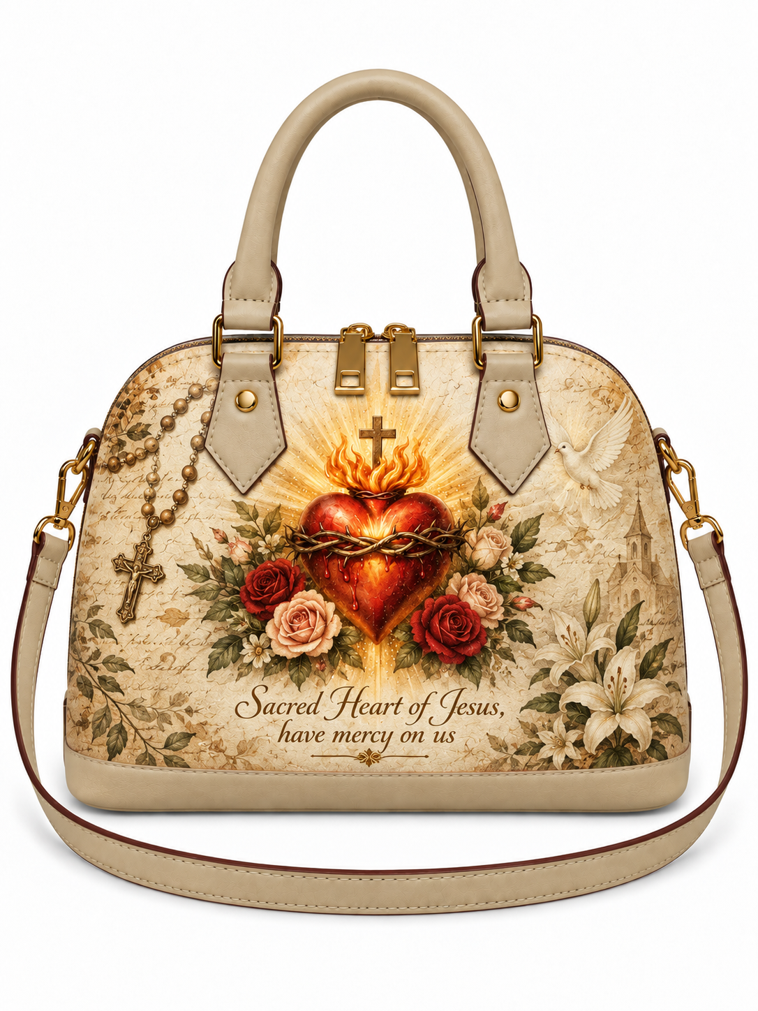 A beige leather handbag with a detailed 'Sacred Heart of Jesus' graphic print on the front, featuring a red flaming heart, roses, lilies, a rosary, and the text 'Sacred Heart of Jesus, have mercy on us'.
