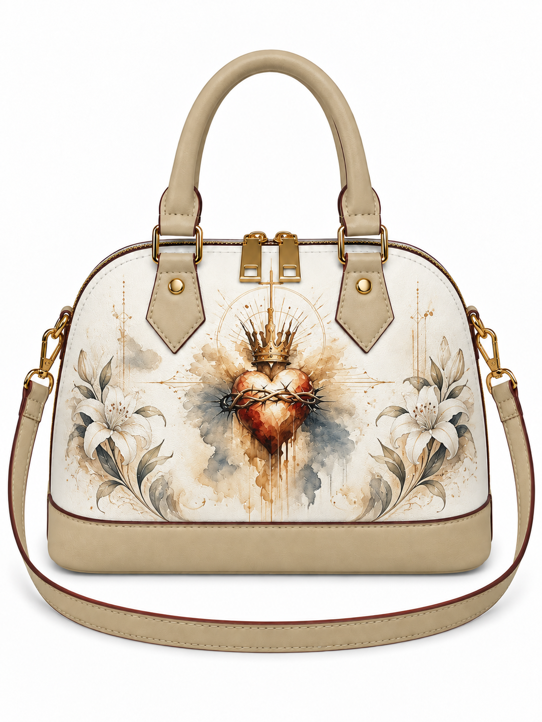 A structured dome-shaped handbag with beige leather handles and base, featuring a central Sacred Heart design with a crowned heart, floral motifs, and gold-tone hardware on a white background.