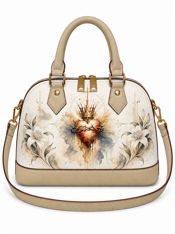 A structured dome-shaped handbag with beige leather handles and base, featuring a central Sacred Heart design with a crowned heart, floral motifs, and gold-tone hardware on a white background.