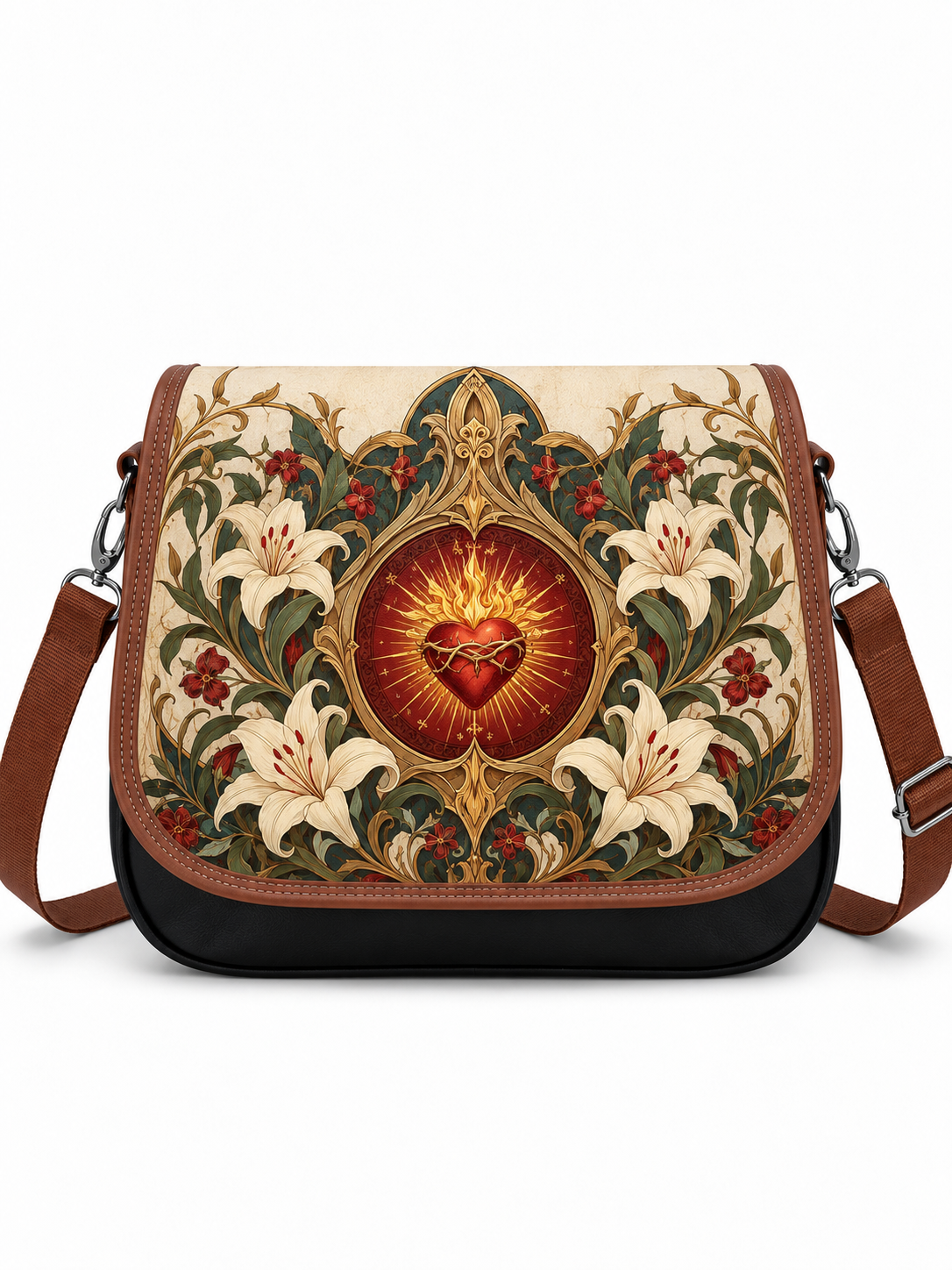 A crossbody bag with a brown leather trim and strap, featuring a front flap decorated with a Sacred Heart design surrounded by white lilies and red berries on a cream background.