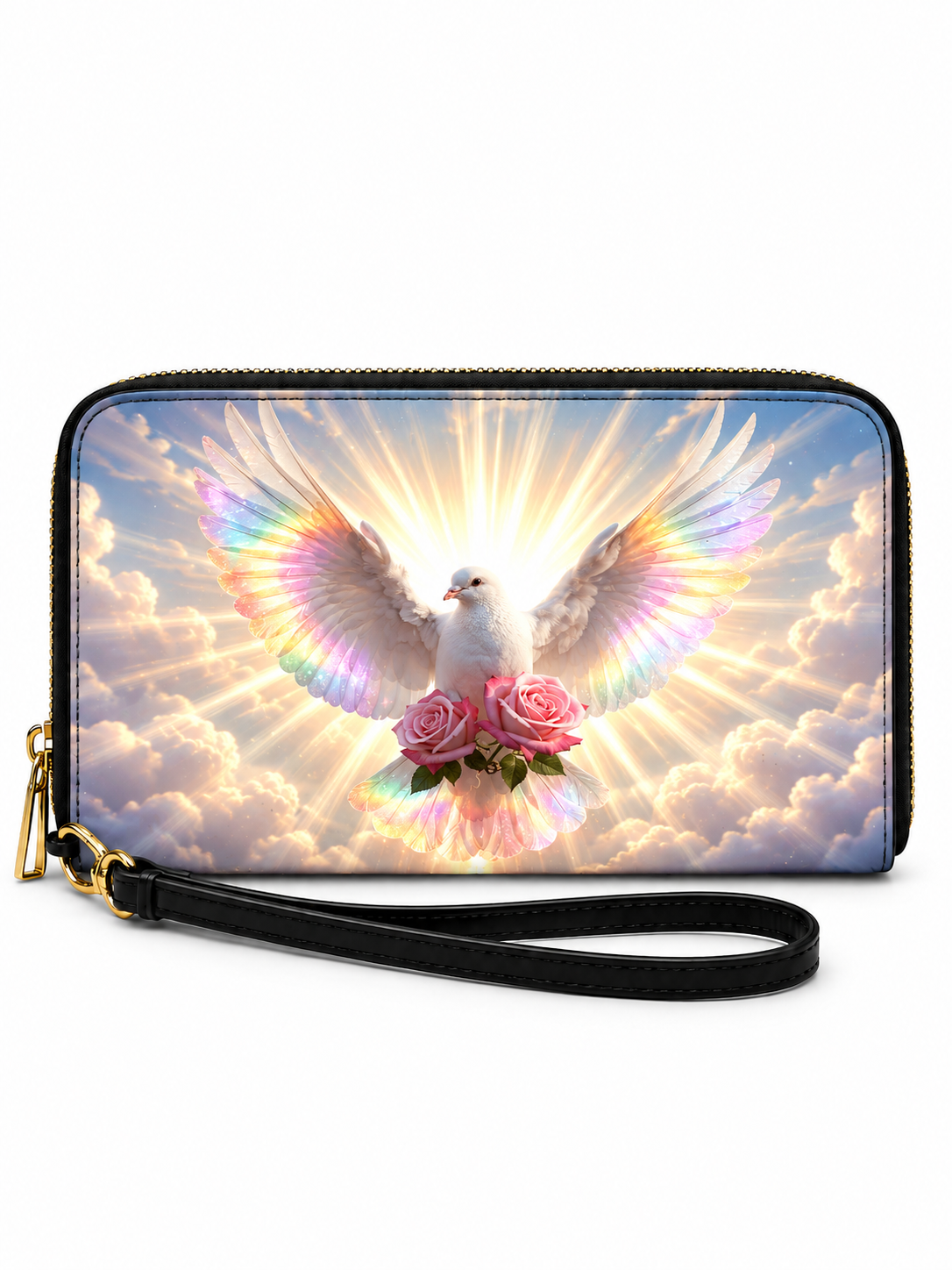 A zip-around wallet with a black wrist strap, featuring a printed design of a white dove with rainbow wings and pink roses against a cloudy sky.