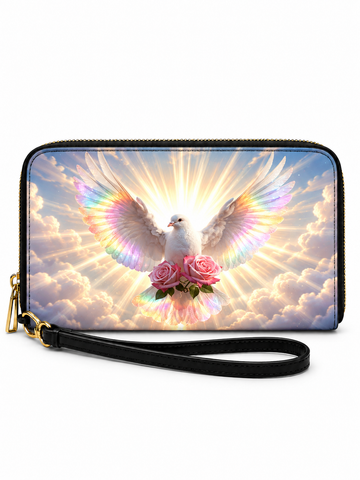 A zip-around wallet with a black wrist strap, featuring a printed design of a white dove with rainbow wings and pink roses against a cloudy sky.